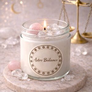 Bougie astro Balance artisanale avec pierre quartz rose