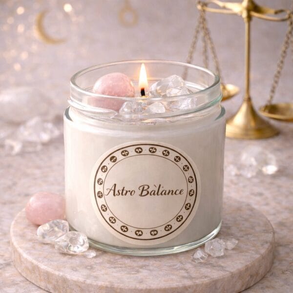 Bougie astro Balance artisanale avec pierre quartz rose