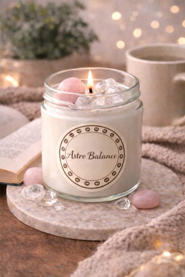 Bougie astro Balance artisanale avec pierre quartz rose