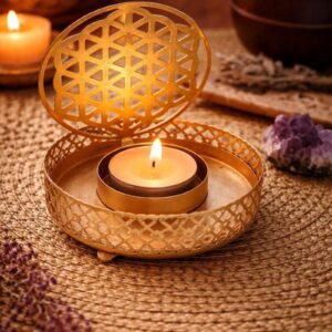 porte-bougie fleur de vie métal doré bougeoir