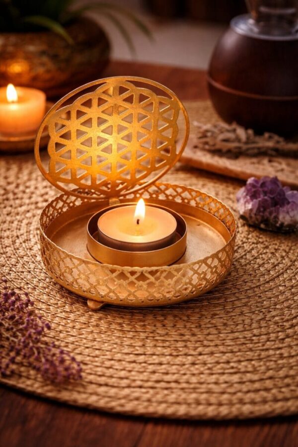 porte-bougie fleur de vie métal doré bougeoir