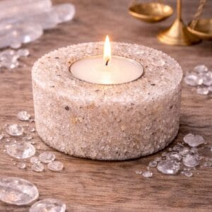 bougeoir cristal de roche naturel avec bougie chauffe plat