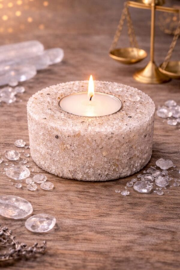 bougeoir cristal de roche naturel avec bougie chauffe plat