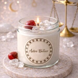 Bougie astro Bélier artisanale avec pierre jaspe rouge