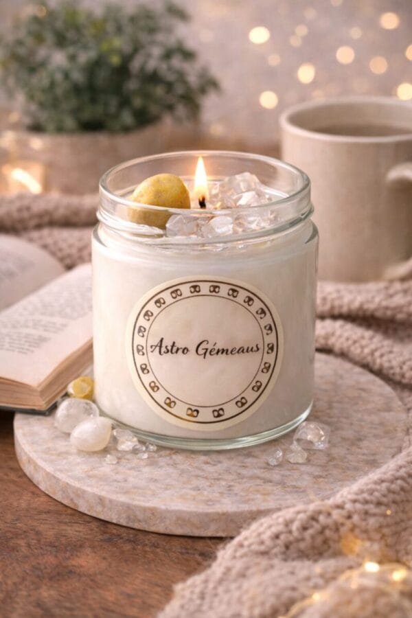 bougie astro Gémeaux décoration spirituelle pierres naturelles