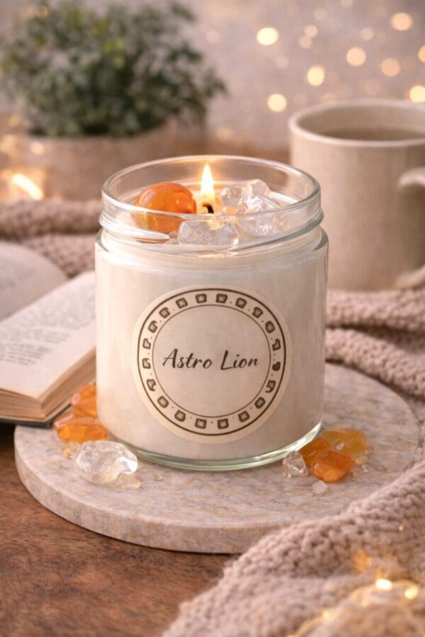bougie astro lion décoration spirituelle pierres naturelles