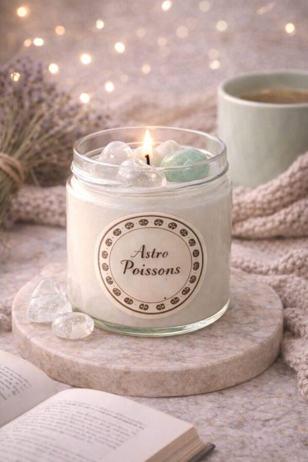 Bougie astrologique Poissons – Pierre Jade vert d’eau