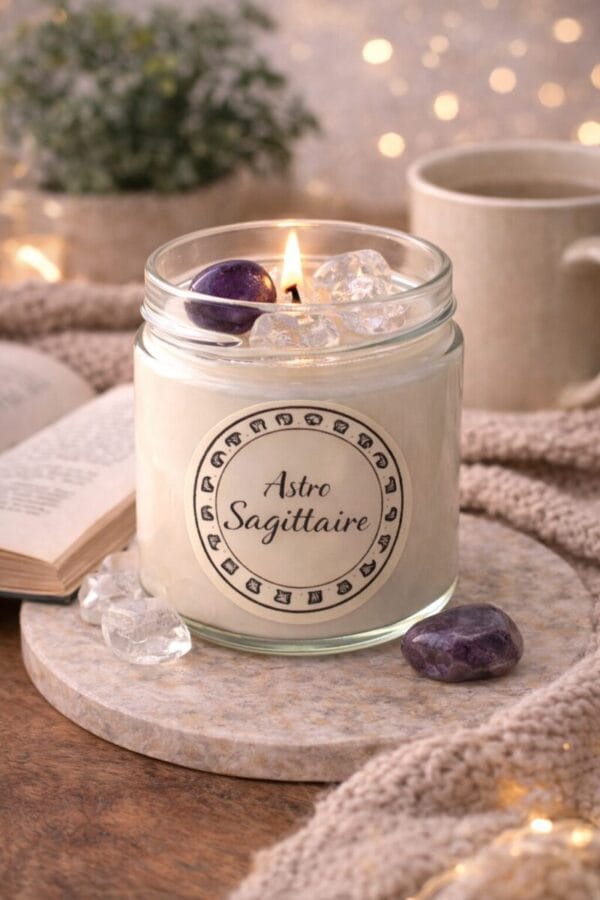 bougie astro sagittaire décoration spirituelle pierres naturelles