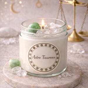 Bougie astro Taureau artisanale avec pierre aventurine verte