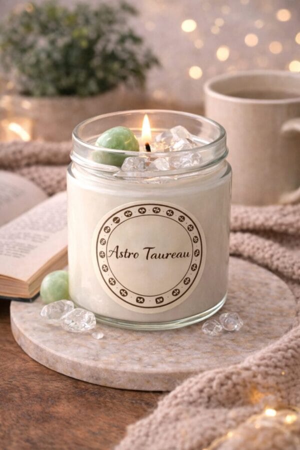 Bougie astro Taureau artisanale avec pierre aventurine verte