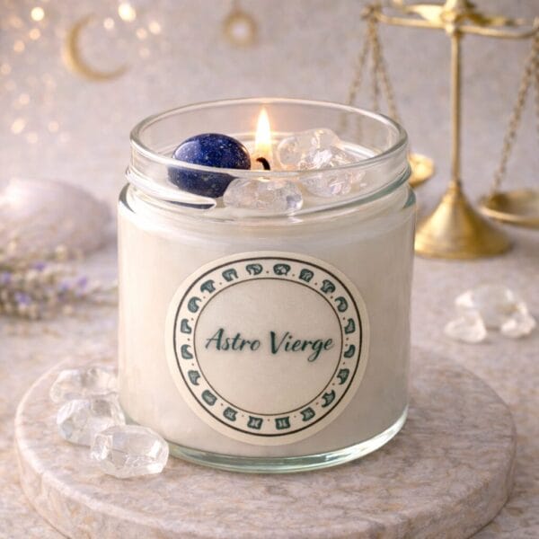 Bougie astrologique Poissons avec jade vert d’eau et cristaux de roche