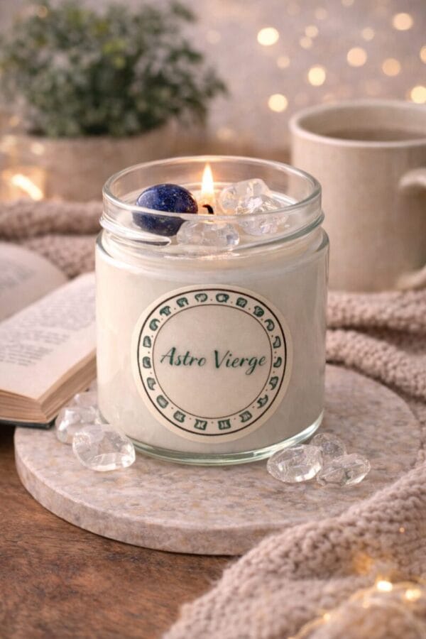 Bougie astrologique Poissons avec jade vert d’eau et cristaux de roche