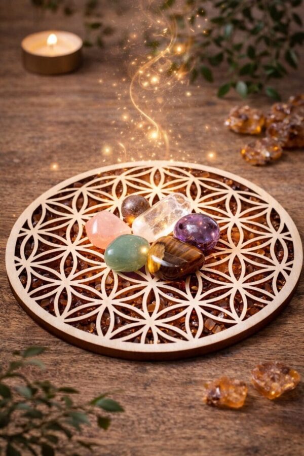 fleur de vie bois symbole sacre rechargement pierres