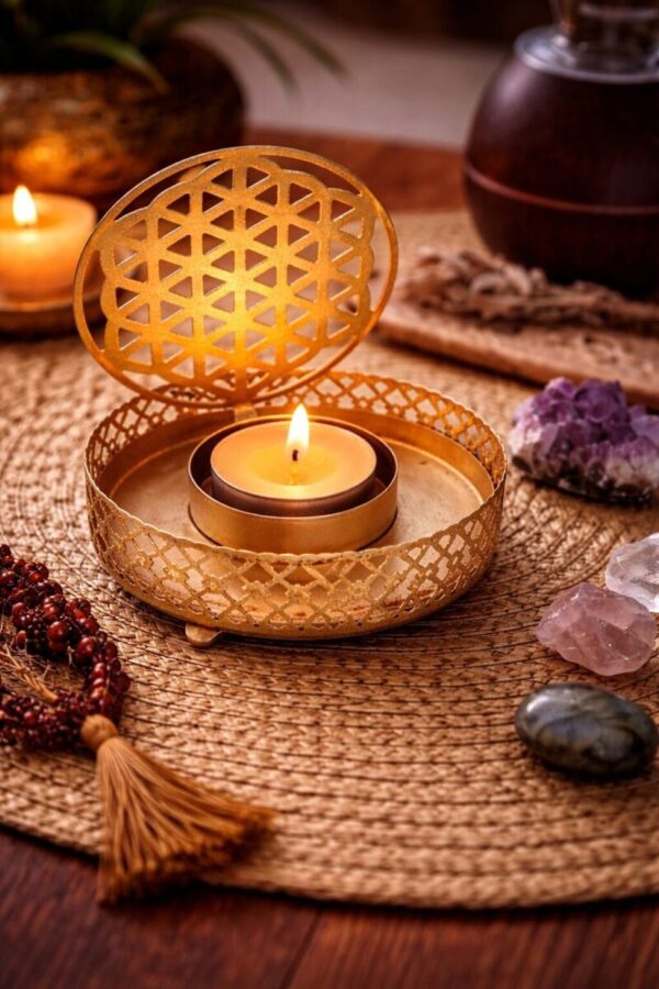 porte-bougie fleur de vie métal doré bougeoir