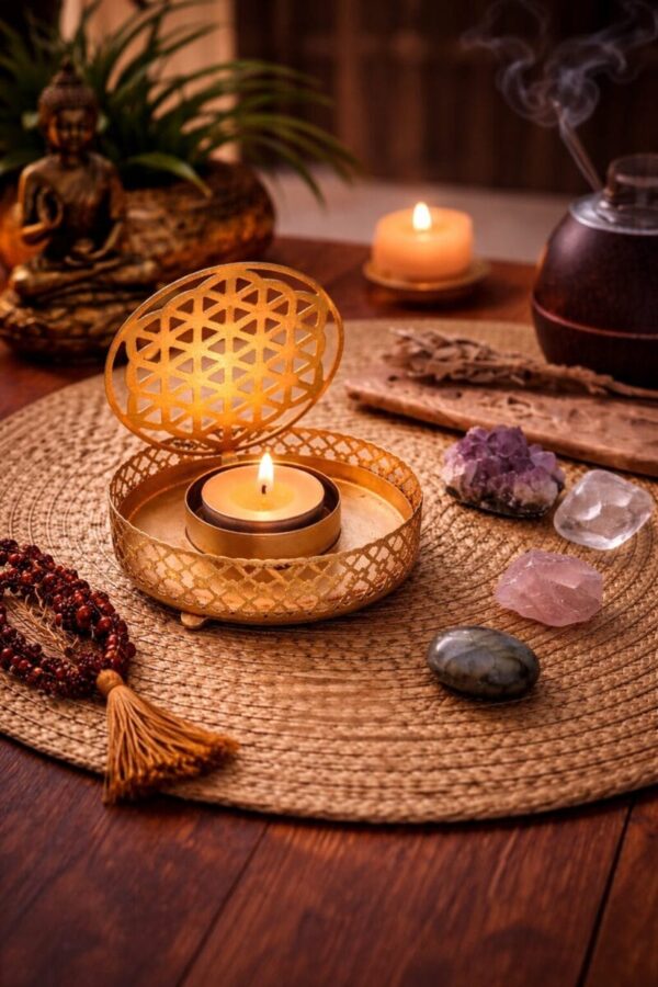 porte-bougie fleur de vie métal doré bougeoir