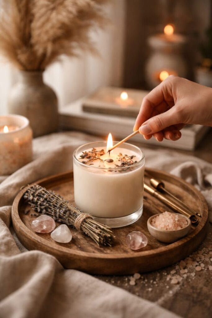 Rituel bougie artisanale ambiance bien-être avec pierres naturelles et lavande